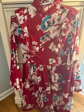 SHEIN Red Floral Ruffle High-Neck Dress